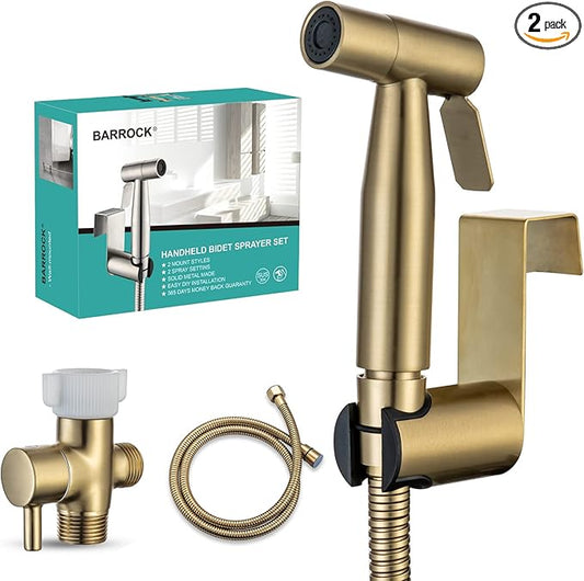 BARROCK Handheld Bidet Sprayer for Toilet, 2 Pack Bidets Faucet for Existing Toilets Cloth Diaper Jet Sprayer, Stainless Steel Muslim Shower Brushed Gold Bidet Attachment Set for Baby/Feminine Wash