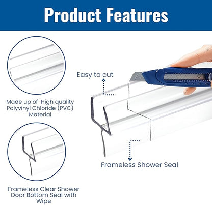 KC Hardware 36 Inch Frameless Clear Shower Door Bottom Seal with Wipe, Shower Door Sweep for 3/8 Glass- Stops Water Leakage and Shower Leaks