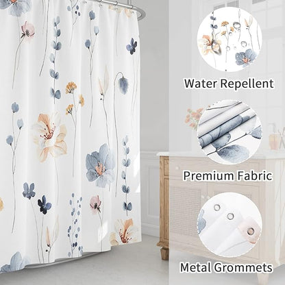 Gibelle Small Stall Shower Curtain 36 x 72, Narrow Half Watercolor Floral Fabric Shower Curtain, Blue Beige Flower Decorative Bathroom Shower Curtain Set
