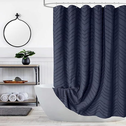 84 Inches Long Boho Tufted Chevron Striped Fabric Shower Curtain Navy Blue 72x84 Tall Minimalist Waterproof Cloth Shower Curtain, Wrinkle Free