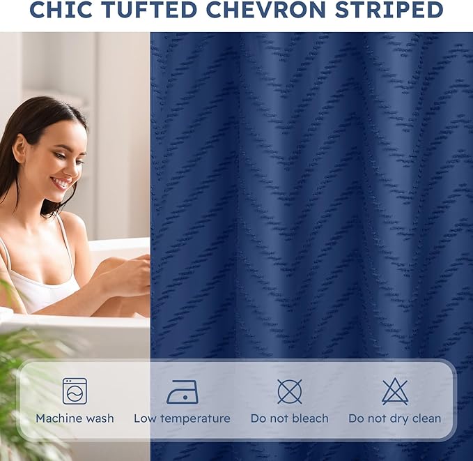 No Hook Shower Curtain and Snap in Liner Set Navy Blue Tufted Chevron Striped Cloth Waterproof Washable Fabric Boho Bath Curtain with See Through Mesh Top Window for Bathroom Hotel 71" x 86"
