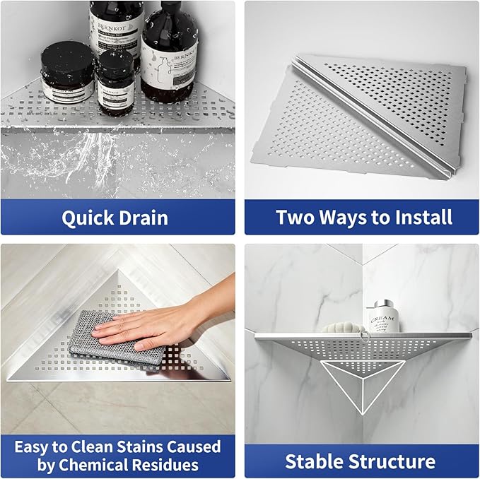 Corner Shower Shelf, 304 Stainless Steel 12" Brushed Recessed Bathroom Shelf, Grout in Shelf for Tiled Wall, Large Size