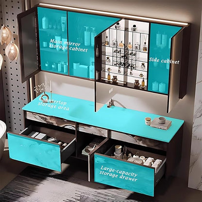 36IN Modern Bathroom Vanity with Sink - Bathroom Vanity with Drawer Organizer, LED Mirror Lights & Defogging Function | Wall - Mounted Vanity with Silver Sink Faucet