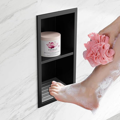 Shower Foot Rest for Shaving Legs, 304 Stainless Steel Footrest Niche with Shaving Holder, Recessed Shower Niche for Shaving Legs, Matte Black, 5.9" X 12.3"