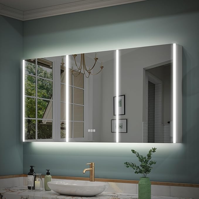 WELLFOR 60" x 30" LED Mirrored Bathroom Cabinet, Mirror Medicine Cabinet with Lights, Defogging LED Mirror Cabinet with Outlets & USB Ports, Surface Mounted, Three Doors, Hardwired Connected