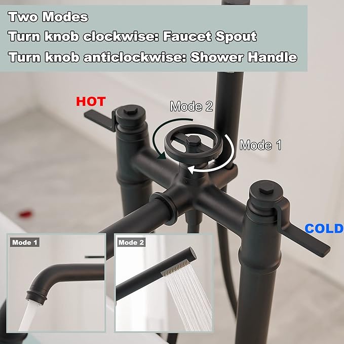 Freestanding Bathtub Faucet Matte Black Floor Mount Tub Filler with Handheld Shower Two Handle High Flow Rate Mixer Tap Bathroom Tub Faucet