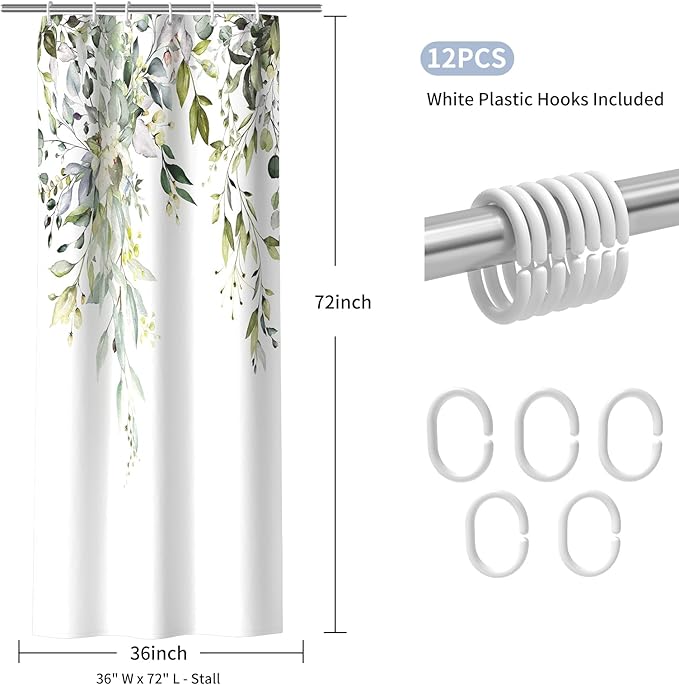 Colorful Star Sage Green Eucalyptus Waterproof Shower Curtain Set with Hooks, Minimalist Watercolor Floral Print Bathroom Décor, Plant Leaves Washable Fabric Shower Curtain, 36 x 72 Inch