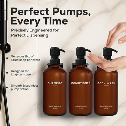 Amber Shampoo and Conditioner Dispenser Set Wall Mounted by Brighter Barns - Plastic Shower Dispenser Set - 3 Chamber Drill Free Shampoo Bottles - Modern Bathroom Decor for Guest Bathroom, Spa (Amber)