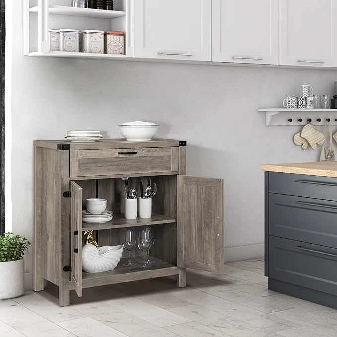 VINGLI Modern Farmhouse Sideboard Buffet Cabinet with Drawer, Storage Cabinet with Doors and Adjustable Shelves, Coffee Bar Station for Kitchen, Dining Room and Living Room, Ash Grey