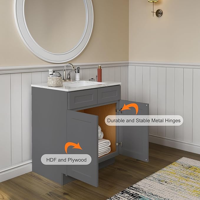 ROOMTEC Bathroom Cabinet, 30'' Free Standing Single Bathroom Vanity with 2 False Drawers and 2 Doors,Morden Bathroom Sink Vanity Storage Cabinet, Shaker Gray