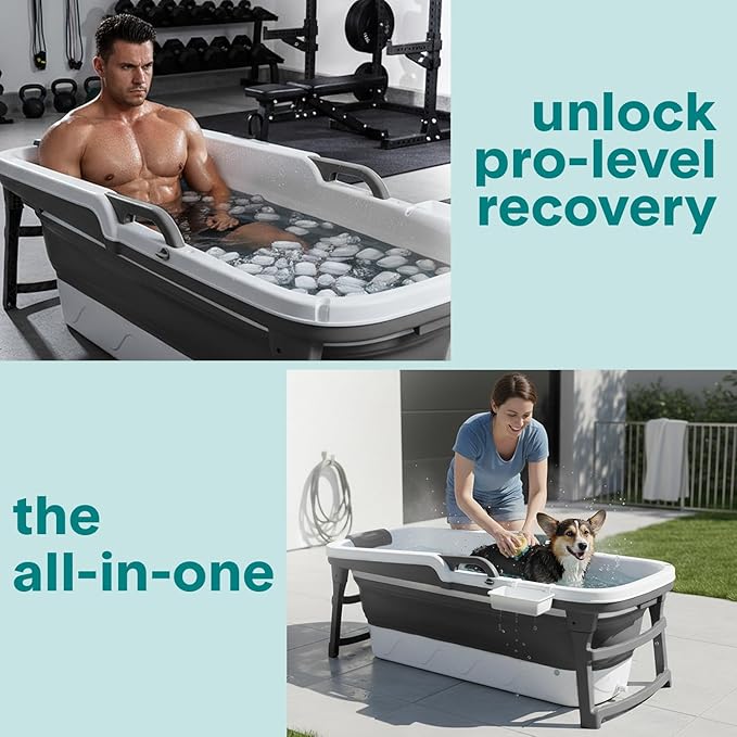 Serenelife 59" Portable Bathtub for Adults – Large Foldable Ice Bath Tub for Cold Plunge & Hot Spa, Freestanding Soaking Tub for Indoor/Outdoor, Athlete Recovery & Family Use, 440lbs Capacity