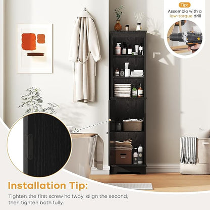 Narrow Bathroom Storage Cabinet with Door and Open Adjustable Shelves, 60.9" H Wooden Tall Tower Corner Farmhouse Cabinet, Freestanding Organizer for Kitchen, Entryway Black