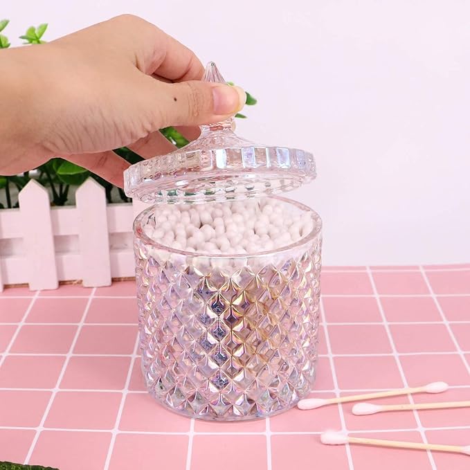 Colorful Home Decorative Jar Qtips Holder Dispenser Glass Storage Container Bathroom Counter Vanity Organizer for Bath Salts/Swabs/Rounds Makeup Sponges Toothpick Jewelry(Sparkling, 10 oz)