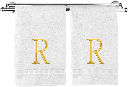 Monogrammed Hand Towel, Personalized Initial Gift, Extra Absorbent 100% Turkish Cotton - Soft Terry Finish - Set of 2 - Gold Block Initial R - Embroidered on White Towels