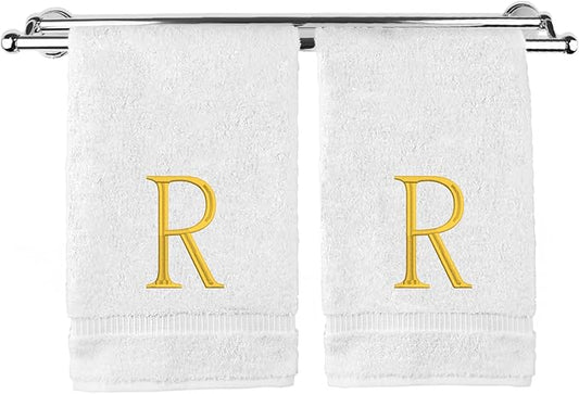 Monogrammed Hand Towel, Personalized Initial Gift, Extra Absorbent 100% Turkish Cotton - Soft Terry Finish - Set of 2 - Gold Block Initial R - Embroidered on White Towels