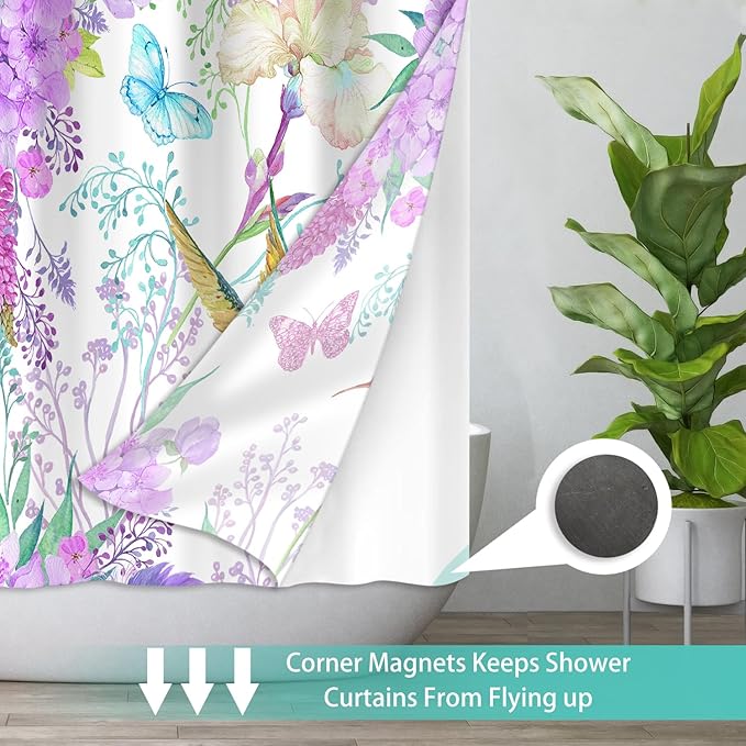 No Hook Shower Curtain with Snap in Liner for Bathroom,with See Through Top Window, Double Shower Curtain with Detachable Fabric Liner Replacement, Machine Washable, Purple Floral, 71"x 74"