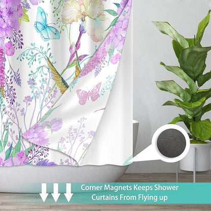 No Hook Shower Curtain with Snap in Liner for Bathroom,with See Through Top Window, Double Shower Curtain with Detachable Fabric Liner Replacement, Machine Washable, Purple Floral, 71"x 74"