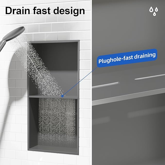 Bathbliss Shower Niche, No‑Tile Recessed Wall Niche, 11.18"x22.3" SUS304 Stainless Steel Double Shelf, Leak‑Proof Waterproof for Bathroom Storage, Grey Shower Niche
