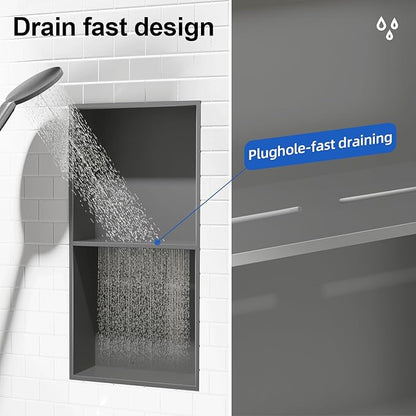 Bathbliss Shower Niche, No‑Tile Recessed Wall Niche, 11.18"x22.3" SUS304 Stainless Steel Double Shelf, Leak‑Proof Waterproof for Bathroom Storage, Grey Shower Niche