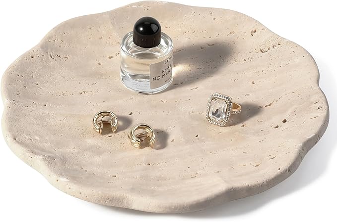 Koville Travertine Tray, 8" Round Marble Vanity Tray for Jewelry Trinket Perfume, Natural Stone Tray for Bathroom Kitchen Dresser Countertop, Scalloped Decorative Tray for Home Table Decor(Beige)