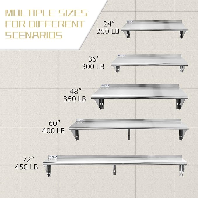 Hally Stainless Steel Shelf 14 x 72 Inches, 450 lb, Commercial Wall Mount Floating Shelving for Restaurant, Kitchen, Home and Hotel