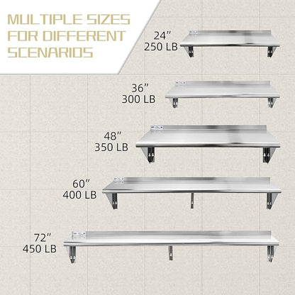 Hally Stainless Steel Shelf 14 x 48 Inches, 350 lb, Commercial Wall Mount Floating Shelving for Restaurant, Kitchen, Home and Hotel