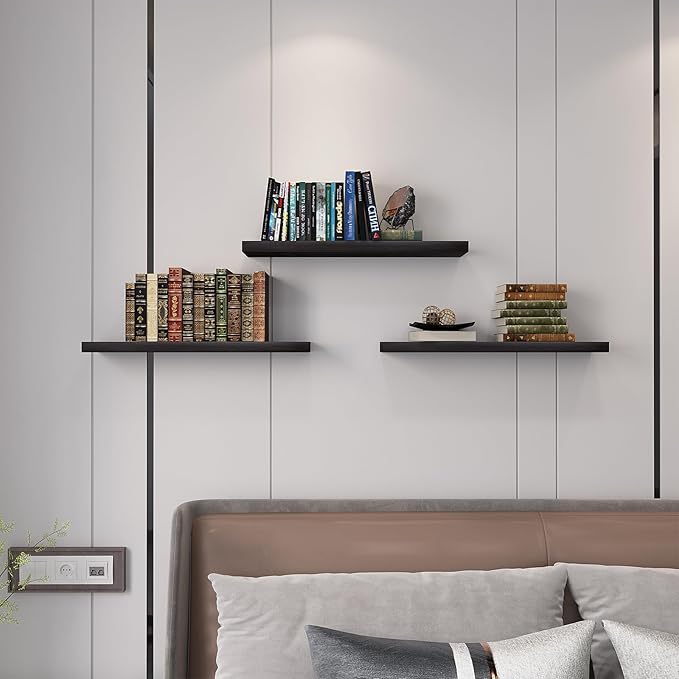 SAUMONIERES Floating Wall Shelves for Bedroom Bathroom Wall Mounted Solid Wood Shelf 24 Inch Set of 3, Espresso