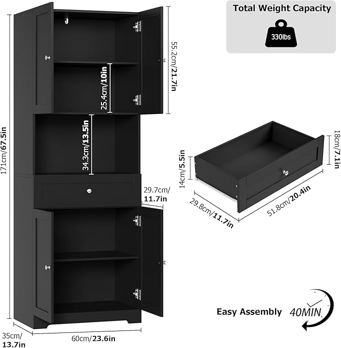 HIFIT Tall Bathroom Storage Cabinets, Modern Linen Storage Cabinet with 4 Doors & Shelves & Drawer, 67" H Tall Storage Cabinet Freestanding for Bathroom, Living Room, Kitchen & Dining, Pantry, Black