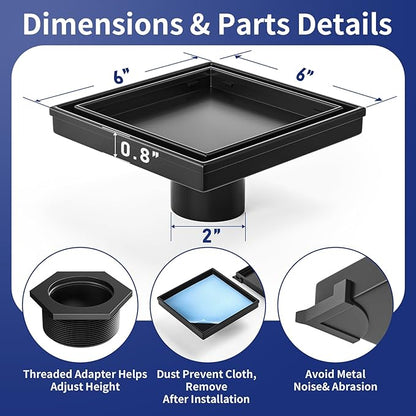Square Shower Drain 6", Matte Black Floor Drain with Tiled Insert Grate & Hair Strainer, 304 Stainless Steel Bathroom 2-in-1 Tiled in Drain, CUPC Certified (Matte Black, 6'')