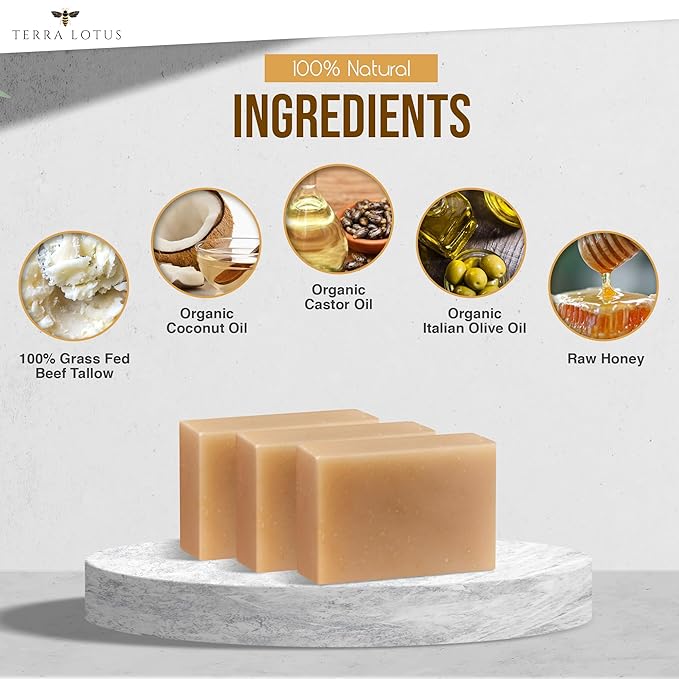 Organic Tallow Soap with Organic Castor Oil & Raw Honey - Relief for Dark Spots, Acne Marks, Hydrating & Nourishing - 3 Pack (Citrus)