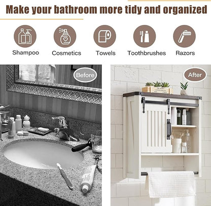 Bathroom Wall Cabinet, Farmhouse Medicine Cabinet with Sliding Barn Door & Adjustable Shelves, Wall Mounted Storage Cabinet for Toilet, Kitchen, Living Room (Antique White)