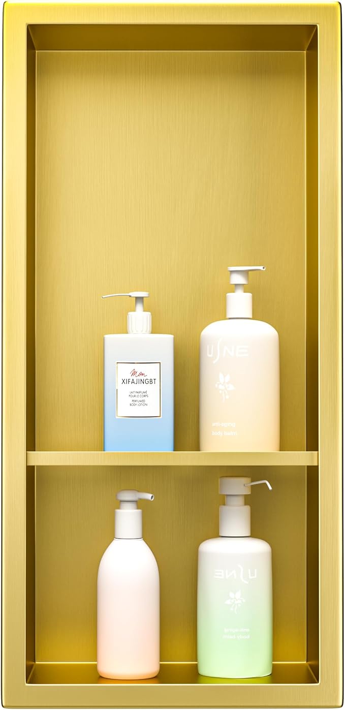 Stainless Steel Shower Niche 18"×8" Gold Double Shelf No Tiled Needed Niche Shower for Bathroom Wall Storage Recessed Bathroom Shelf