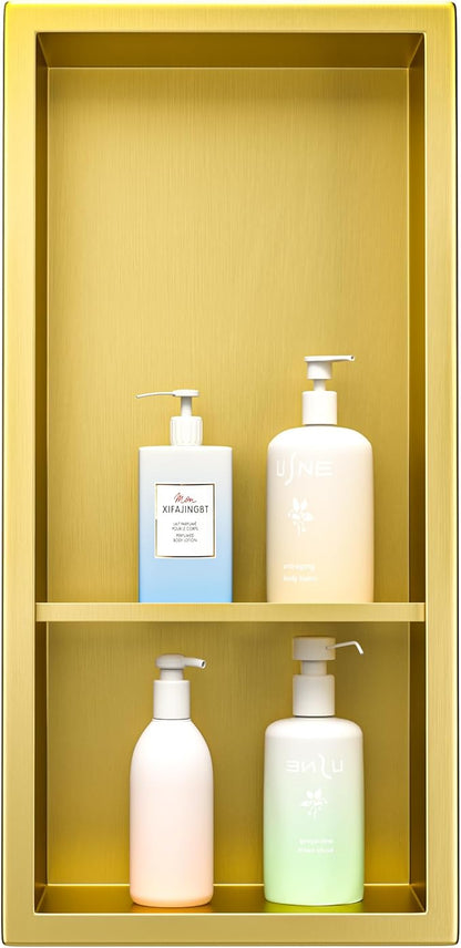 Stainless Steel Shower Niche 18"×8" Gold Double Shelf No Tiled Needed Niche Shower for Bathroom Wall Storage Recessed Bathroom Shelf