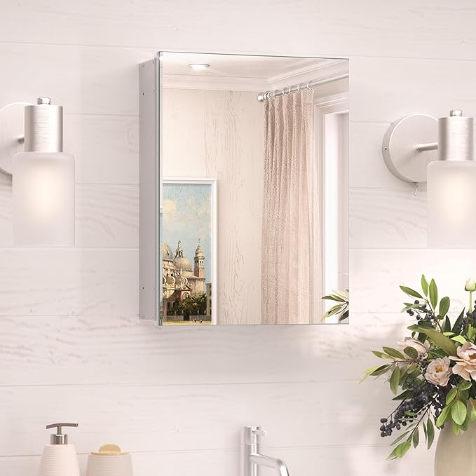 TokeShimi 14x18 Recessed Medicine Cabinet with Mirror Aluminum, Frameless Bathroom Mirror with Storage Stepless Adjustable, Silver Surface Mount Medicine Cabinet for Bathroom Farmhouse