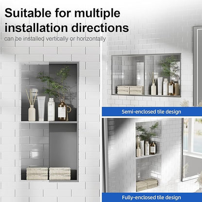 Bathbliss Shower Niche, No‑Tile Recessed Wall Niche, 11.18"x22.3" SUS304 Stainless Steel Double Shelf, Leak‑Proof Waterproof for Bathroom Storage, Grey Shower Niche