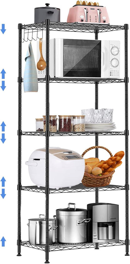 BNSPLY 5 Tier Wire Shelving Unit, Adjustable Wire Rack Shelving, Changeable Metal Wire Storage Shelves for Kitchen, Laundry, Bathroom, Balcony, Pantry (11.4" D x 21.3" W x 59" H, Black)