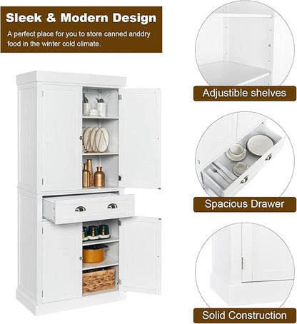 VINGLI 71-Inch White Storage Cabinets with Drawers, Freestanding Pantry Cabinets with Doors and Shelves Adjustable, Wood Farmhouse Kitchen Pantry Cupboard