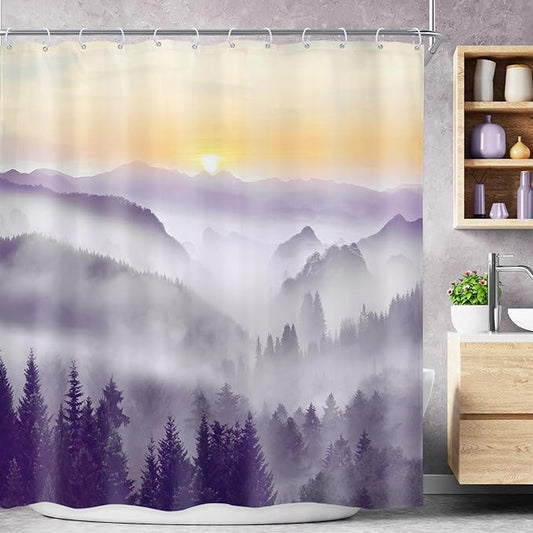 Riyidecor Misty Mountain Shower Curtain 72Wx72H Inch Purple Sunrise Nature Scenery Foggy Pine Tree Woodland Modern Rustic Natural Landscape Bathroom Decor Fabric Polyester Waterproof 12 Pack Hooks