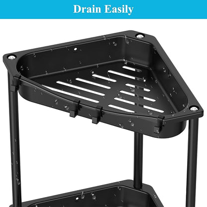 4 Tier Floor Standing Corner Shower Caddy Organizer Shelf with Hooks, Bathroom Shelves Stand Rack, Jet Black