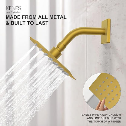 KENES Brushed Gold Tub and Shower Trim Kit, Square Tub Shower Faucet Set Complete with 6-Inch Rainfall Shower Head and Tub Spout, KE-6025A-4 (Shower Valve Included)
