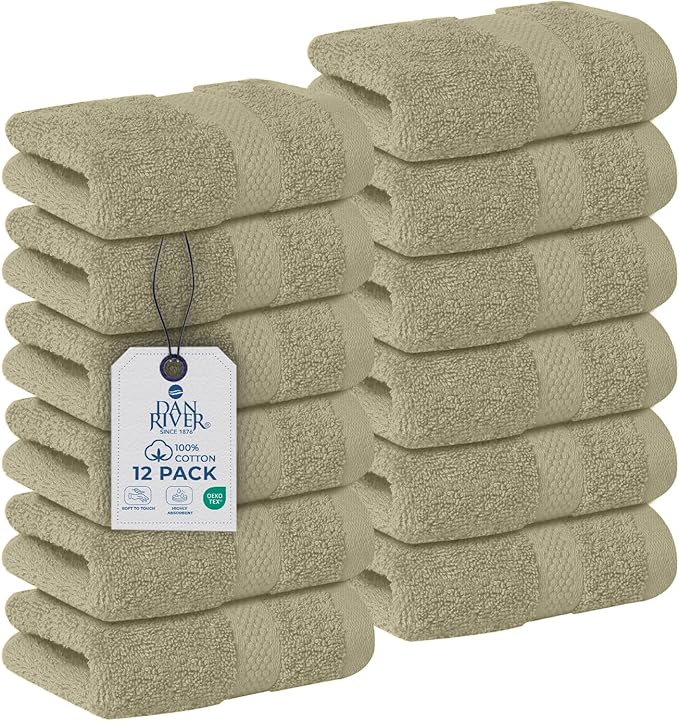 DAN RIVER 12-Pack Premium 100% Cotton Beige Face Towels – Reusable Face Towel Set, Soft & Absorbent Thin Wash Cloths for Bathroom & Body – Hand and Face Towels, 550 GSM (12x12 in)