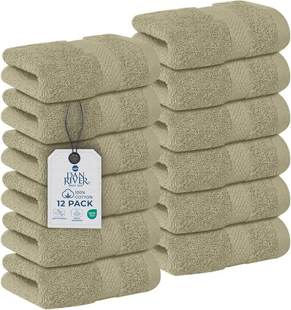 DAN RIVER 12-Pack Premium 100% Cotton Beige Face Towels – Reusable Face Towel Set, Soft & Absorbent Thin Wash Cloths for Bathroom & Body – Hand and Face Towels, 550 GSM (12x12 in)