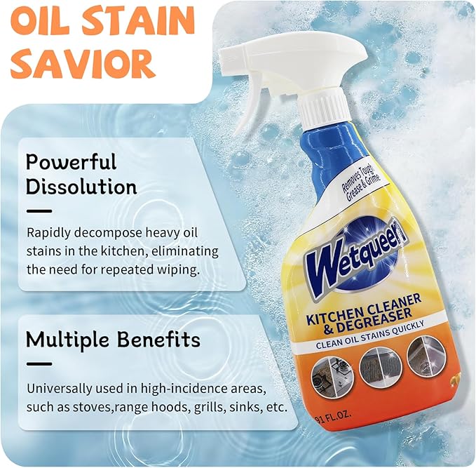 WETQUEEN All Purpose Cleaner Spray, Heavy Duty Kitchen Degreaser Foam Spray, Stubborn Stain Remover for Kitchen, Bathroom, Cooker, Countertops, Tiles, Dual-Spray Nozzle, Lemon Scent, 16.91 Fl Oz