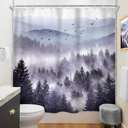 Riyidecor Purple Mountain Shower Curtain 72Wx78H Inch Nature Scenery Landscape Rustic Pine Tree Misty Foggy Mountain Dark Natural View Mens Bathroom Decor Fabric Polyester Waterproof 12 Pack Hooks
