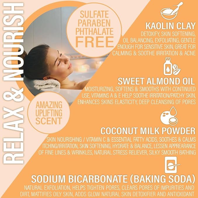 Luxiny Vegan Milk Bath Soak Made with Coconut Milk Powder & Sweet Almond Oil Which Creates A Bath Bomb Dust Soothing Fizz, 8oz (Mango Papaya)