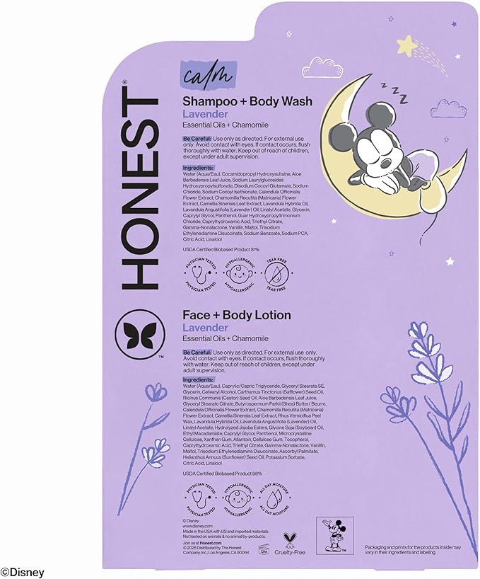 The Honest Company 2-in-1 Cleansing Shampoo and Body Wash Face Lotion Bundle Disney Design Gentle Enough for Baby Dermatologist Tested Calm Lavender 18.5 fl oz