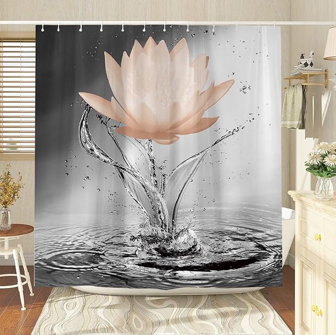 Lotus Shower Curtain Black White Grey Orange Flower Elegant Blooming Floral with Dew Spring Flower Reflection on Water Modern Romantic Polyester Fabric Bathroom Decor 86×70 Inch with Hook