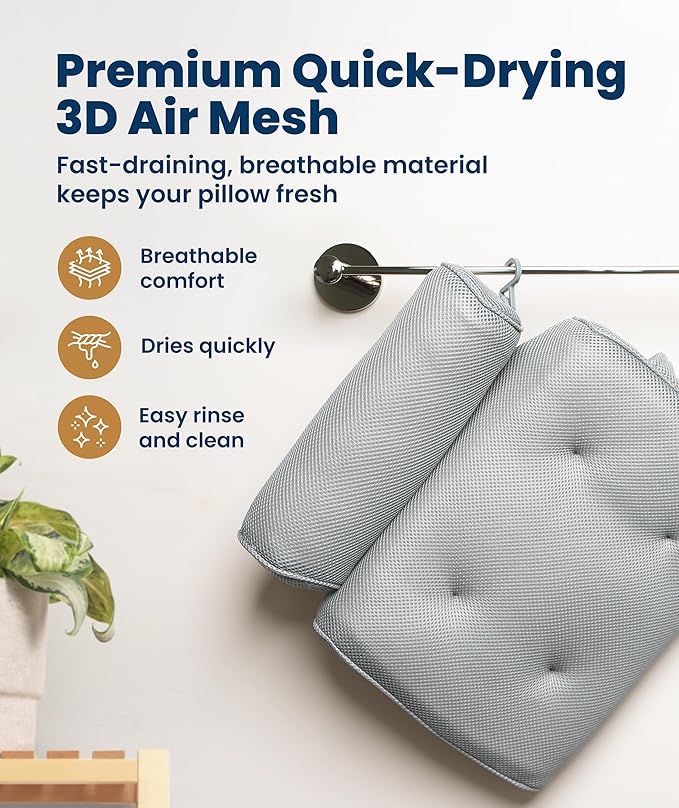 Everlasting Comfort Luxury Bath Pillows for Tub with Head and Neck Support - Non-Slip Bathtub Pillow with Suction Cups, Quick-Drying Mesh & Drying Hook - Jacuzzi & Spa Accessories for Women - Gray