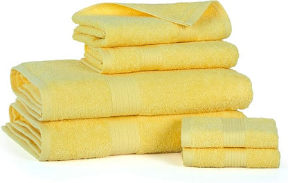 Ample Decor 100% Cotton 6 Piece Bathroom Towels Set, 2 Bath Towels, 2 Hand Towels, 2 Washcloths, Quick Drying - Yellow Towel Sets
