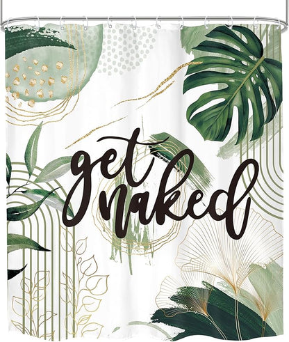 Green Boho Shower Curtain 60Wx72H Bohemian Sage Green Golden Leaves Get Naked Abstract Mid Century Modern Plant Botanical Bathroom Decor Minimalist Bath Curtain Fabric Polyester 12 Pack Hooks